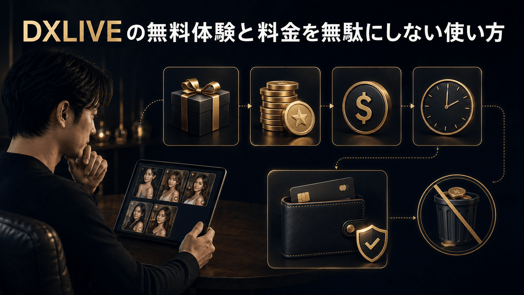 DXLIVEの無料体験やポイントを無駄にしない使い方を表したイメージ