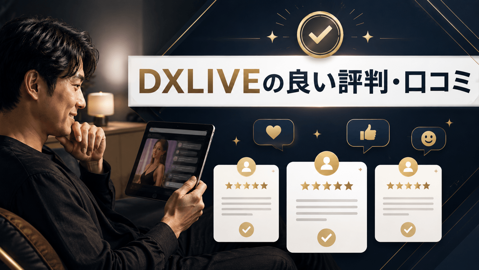DXLIVEの良い評判や口コミを確認する男性利用者のイメージ