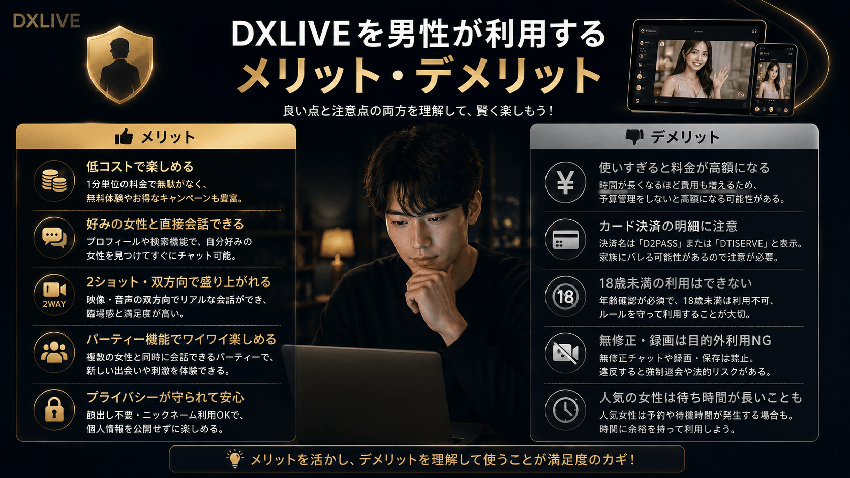 DXLIVEを男性が利用するメリットとデメリットを比較したイメージ