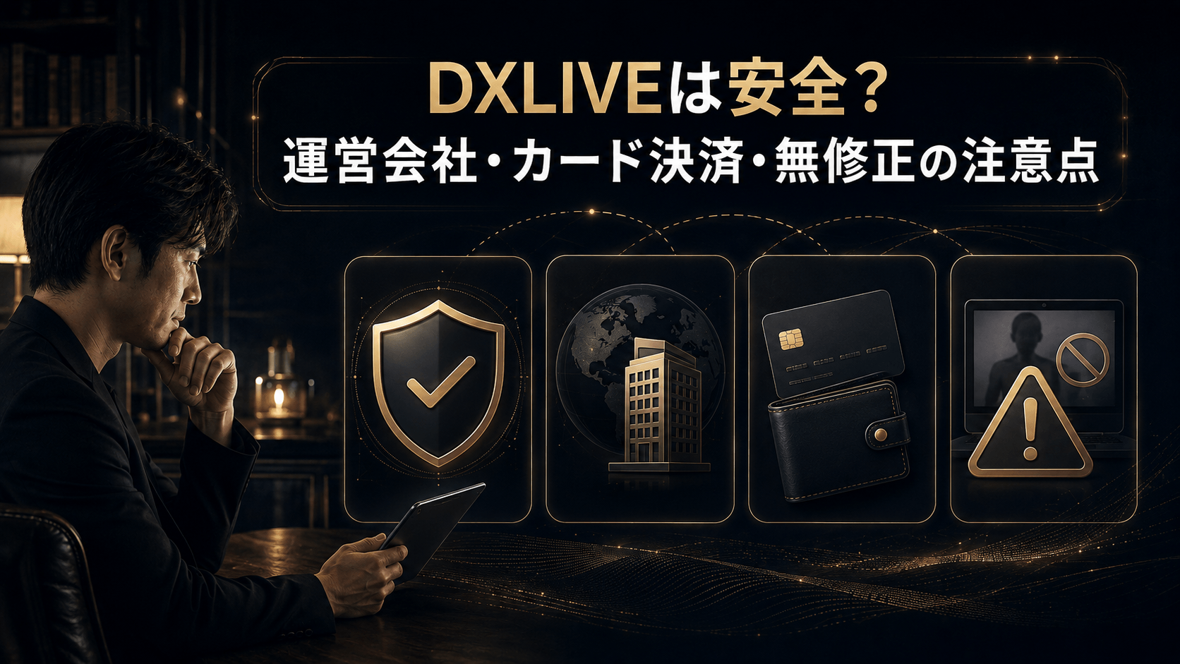 DXLIVEの安全性や運営会社、カード決済と利用上の注意点を表したイメージ