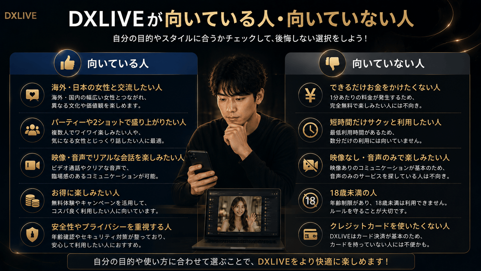 DXLIVEが向いている男性と向いていない男性の特徴を比較したイメージ