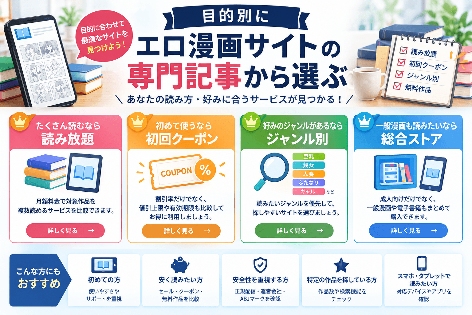 読み放題・初回クーポン・ジャンル別など目的別のエロ漫画サイトの選び方