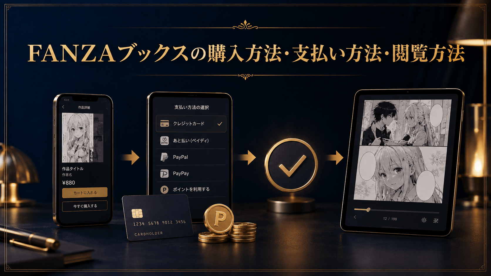 FANZAブックスの購入方法、支払い方法、閲覧方法を説明するイメージ画像