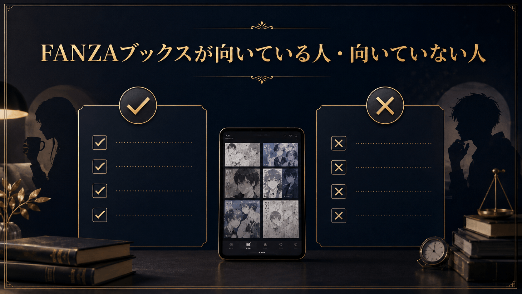 FANZAブックスが向いている人と向いていない人を比較するイメージ画像