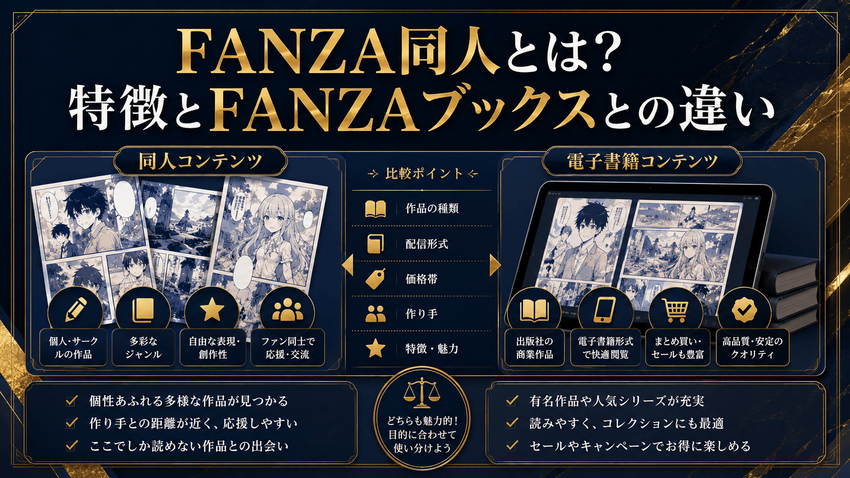 FANZA同人の特徴とFANZAブックスとの違いを同人作品と電子書籍で比較した画像