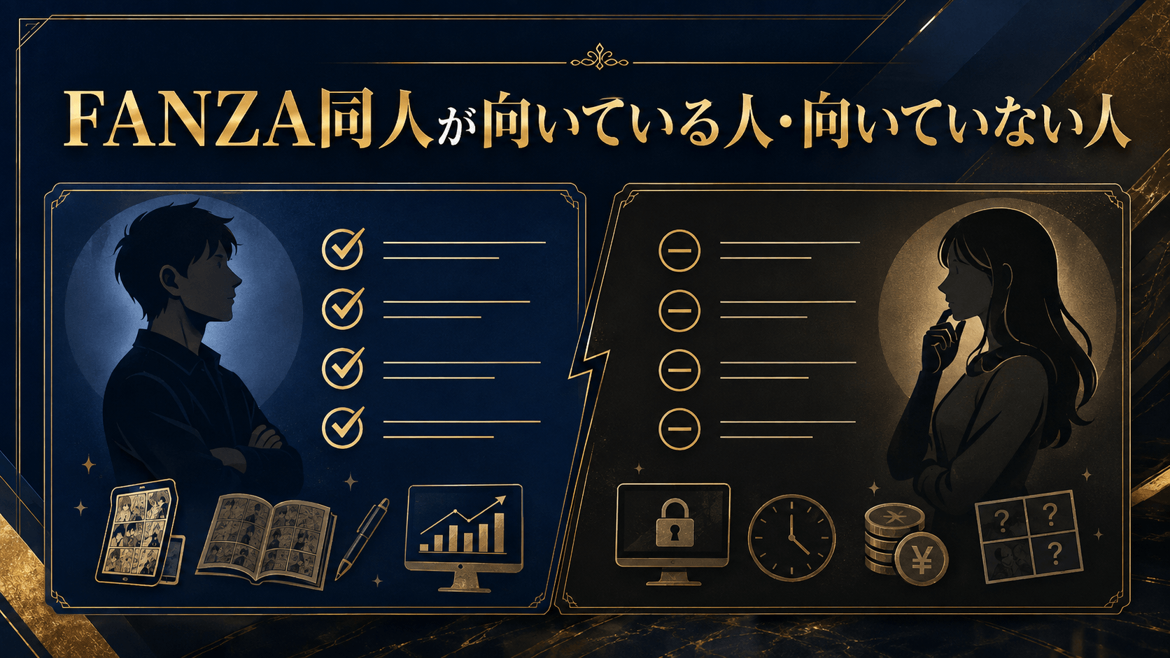 FANZA同人が向いている人と向いていない人の特徴を比較した画像