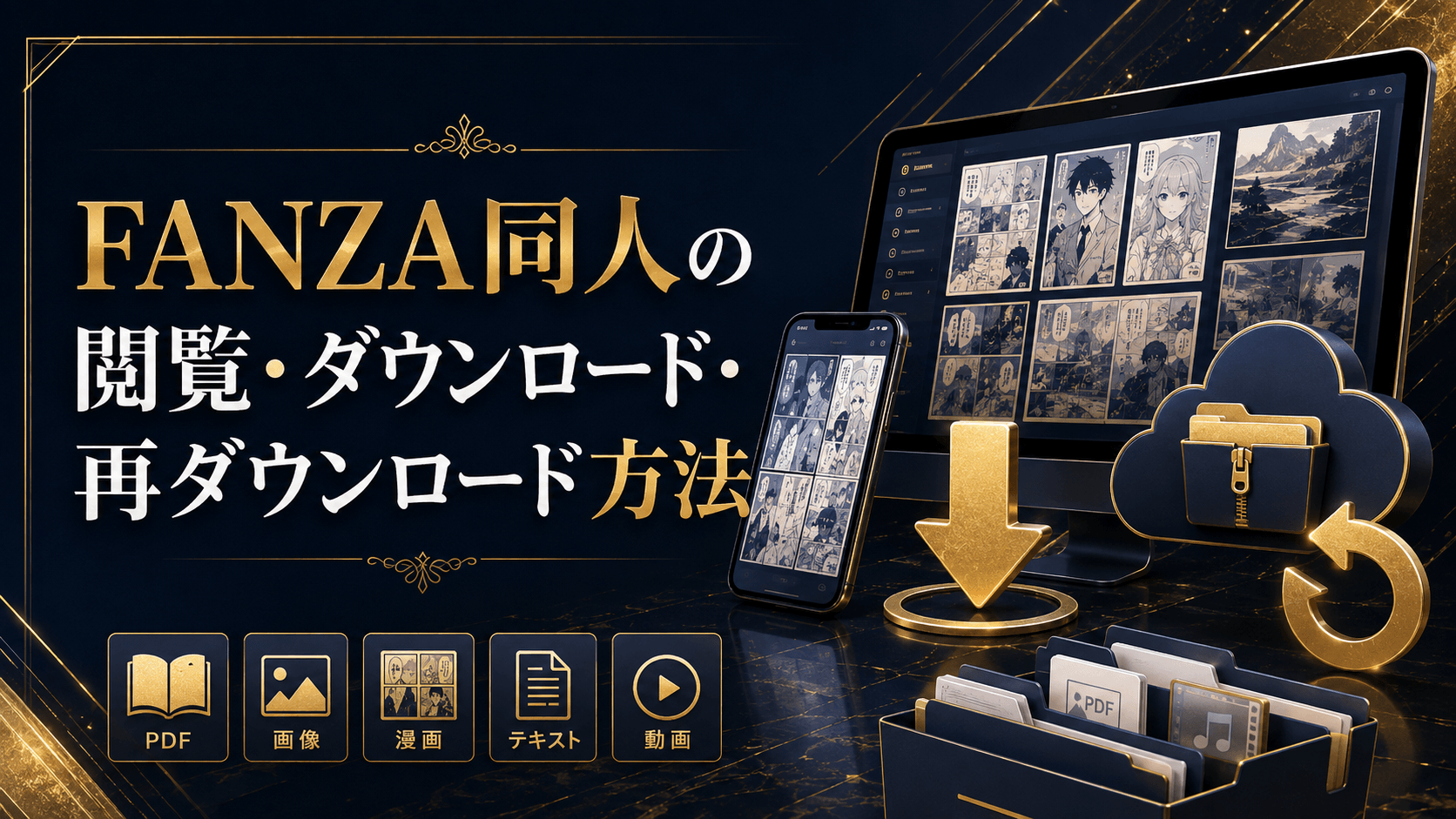 FANZA同人の作品を閲覧・ダウンロード・再ダウンロードする方法を表した画像