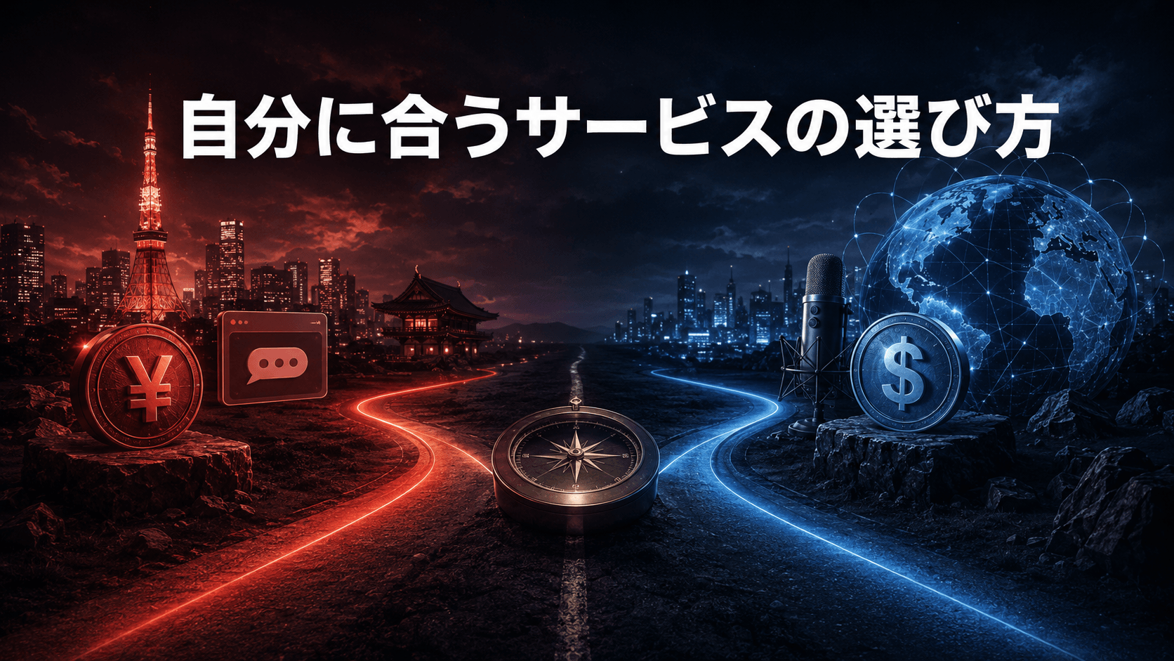 国内向けと海外向けの2つの道から自分に合うサービスを選ぶイメージ