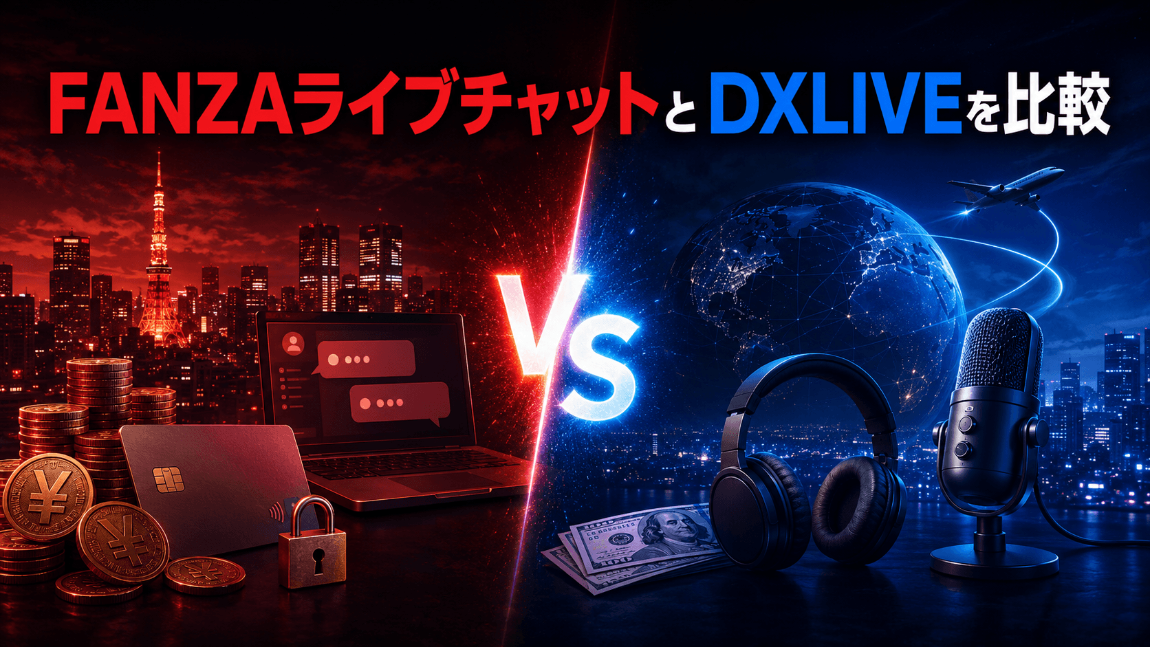 FANZAライブチャットとDXLIVEを赤と青の背景で比較したイメージ