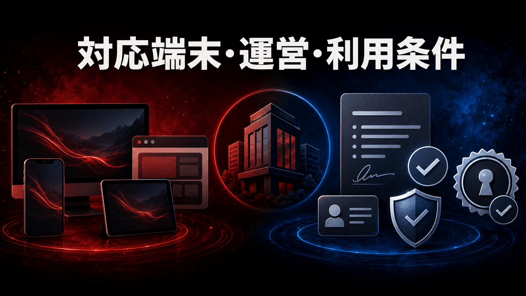 パソコンとスマートフォン、運営・利用条件の確認項目を表したイメージ