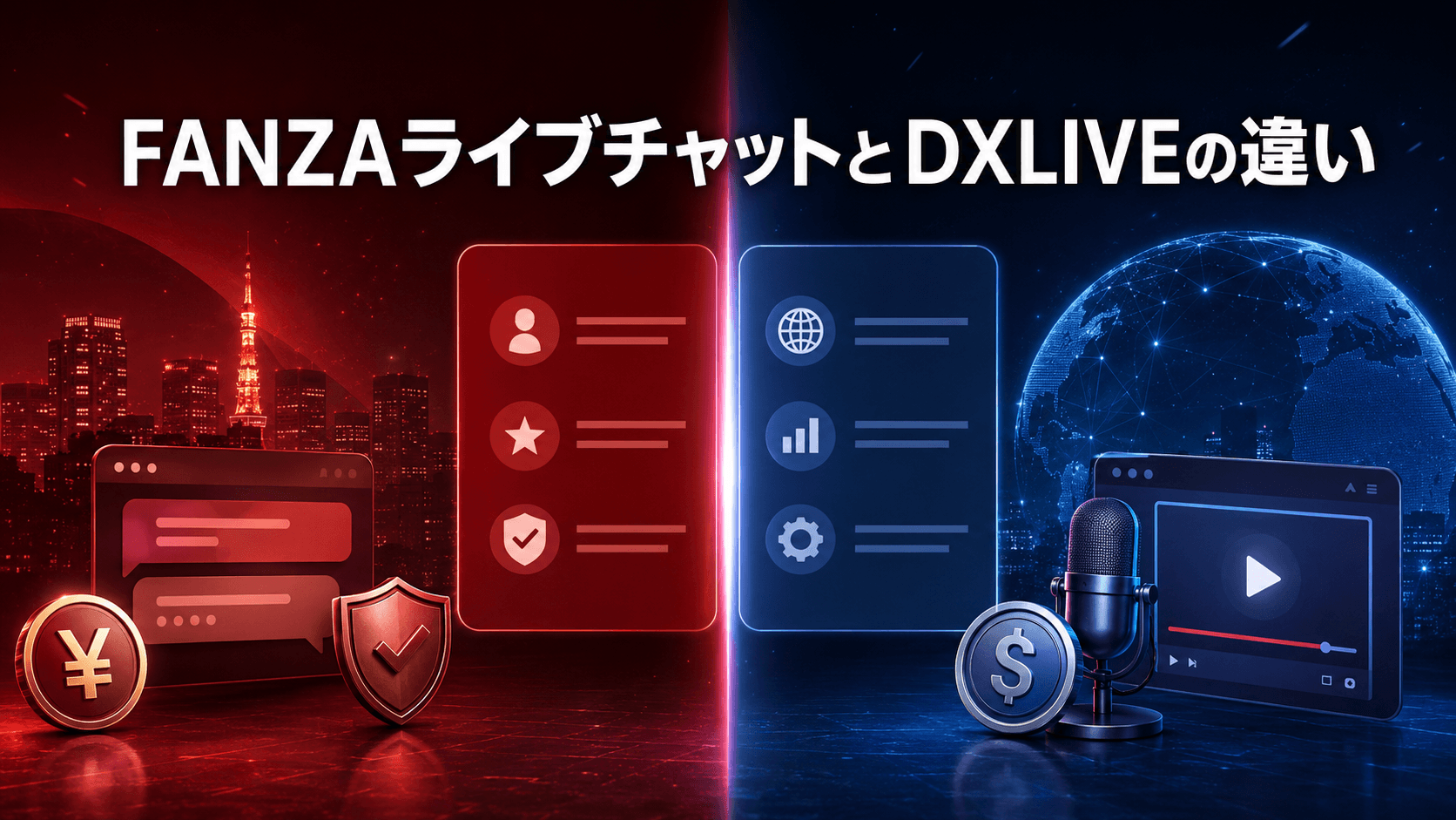 FANZAライブチャットとDXLIVEの違いを国内と海外の要素で比較したイメージ