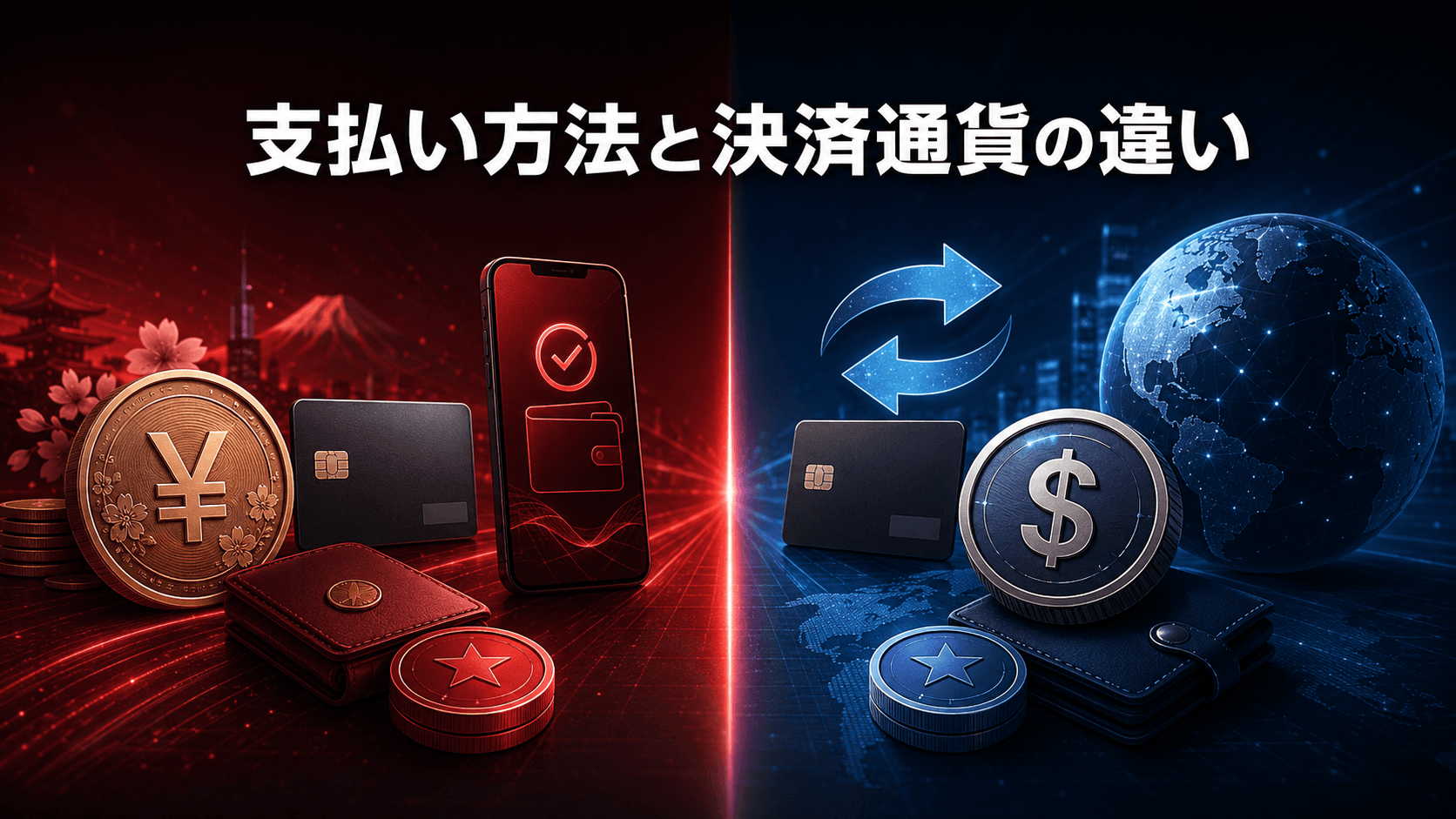 円とドル、カード、スマートフォンで支払い方法と決済通貨の違いを表したイメージ