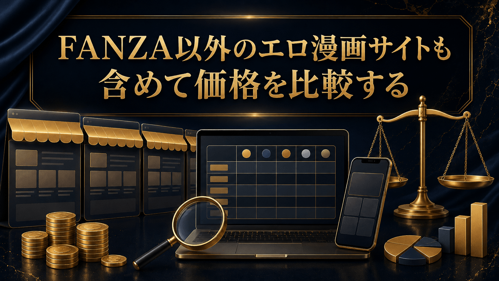 FANZA以外のエロ漫画サイトも含めて価格や条件を比較するイメージ