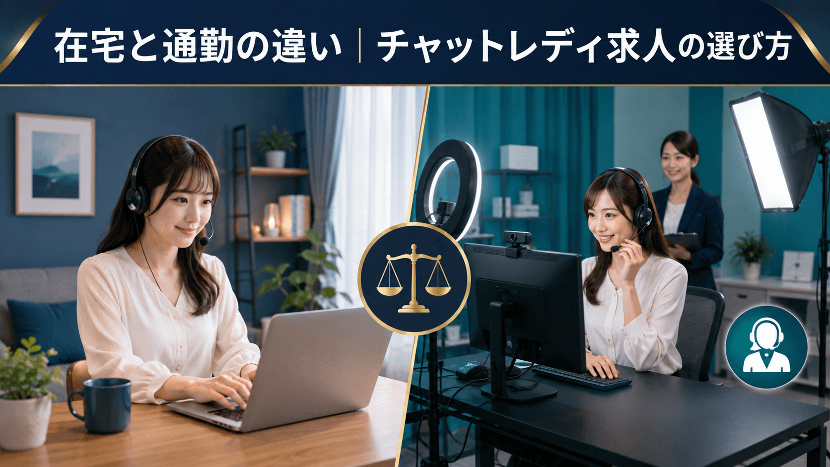 FANZAライブチャットの在宅勤務と通勤勤務を比較する女性