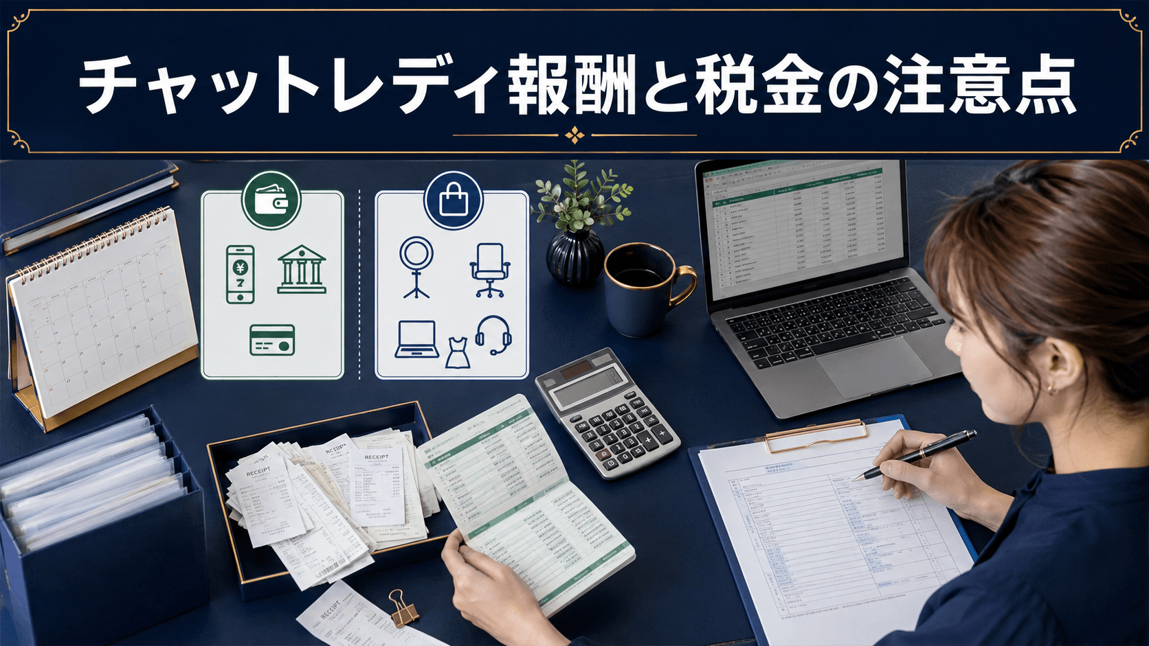 チャットレディの報酬明細や必要経費を整理して税金を確認する女性