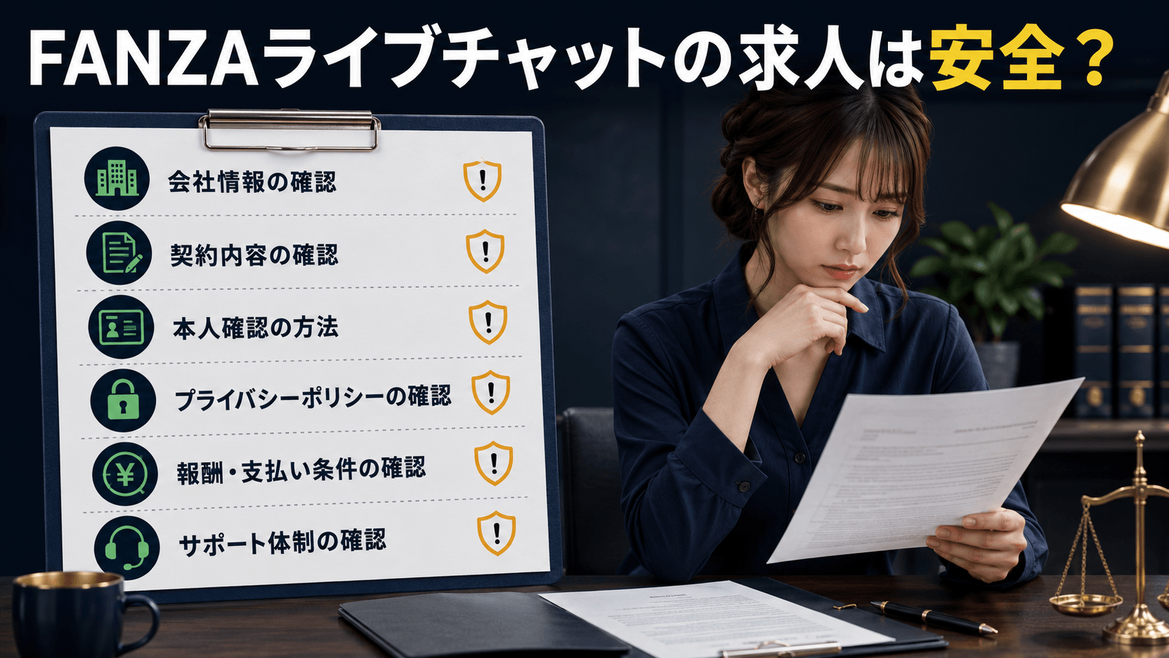 FANZAライブチャット求人の会社情報や契約条件を確認する女性
