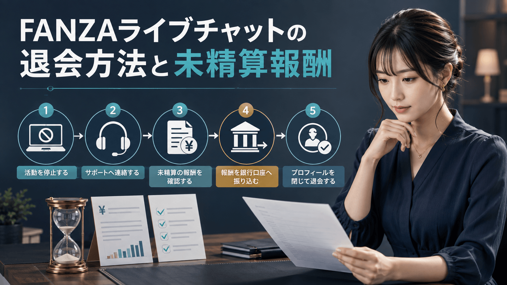 FANZAライブチャットの退会手続きと未精算報酬を確認する女性