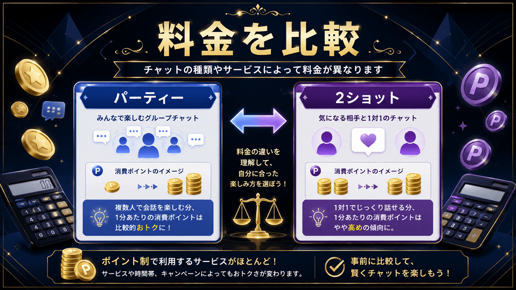 パーティーチャットと2ショットチャットの料金の違いを表した比較イメージ