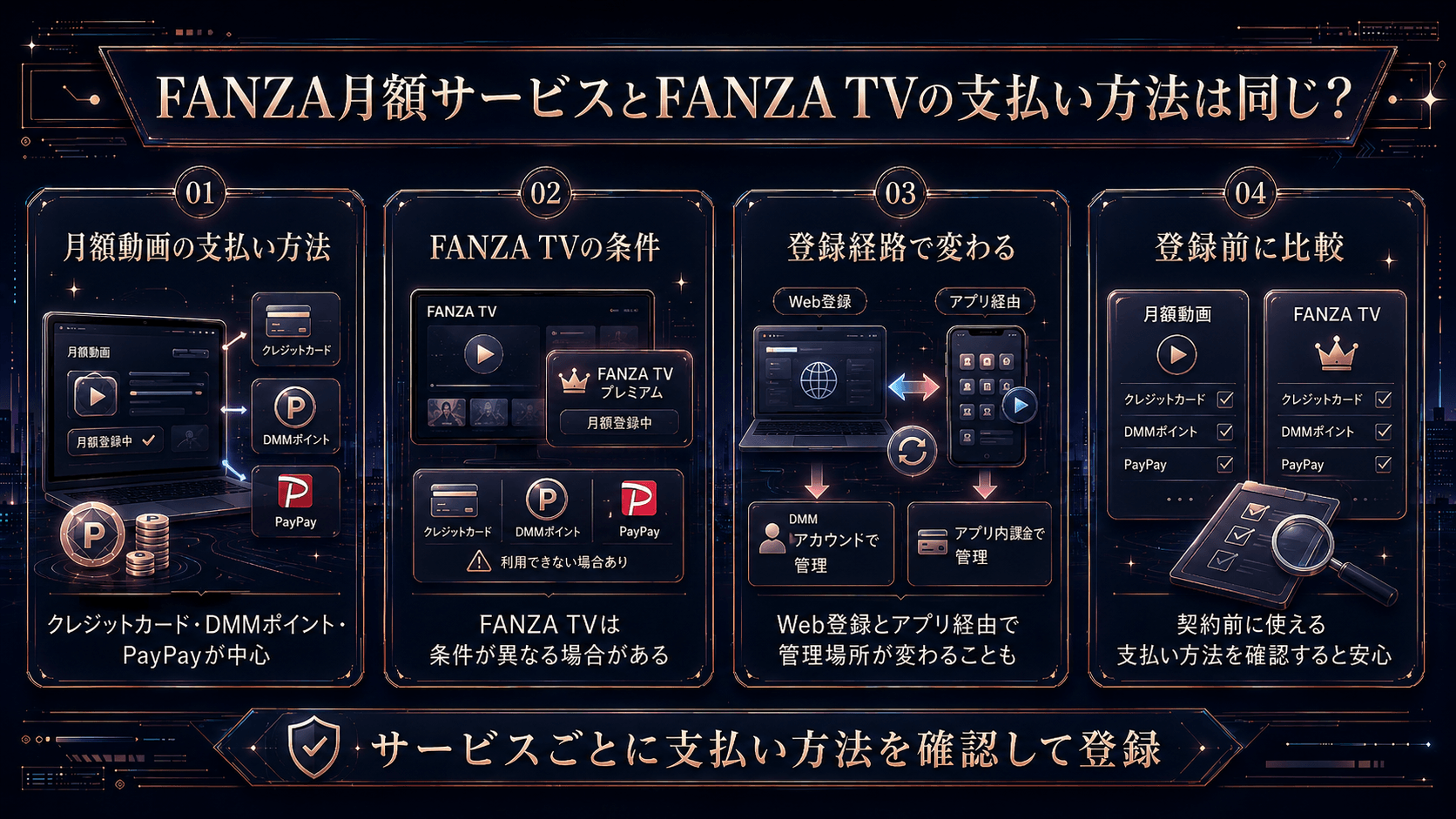 FANZA月額サービスとFANZA TVの支払い方法の違いを月額動画、登録経路、比較ポイントで解説する画像