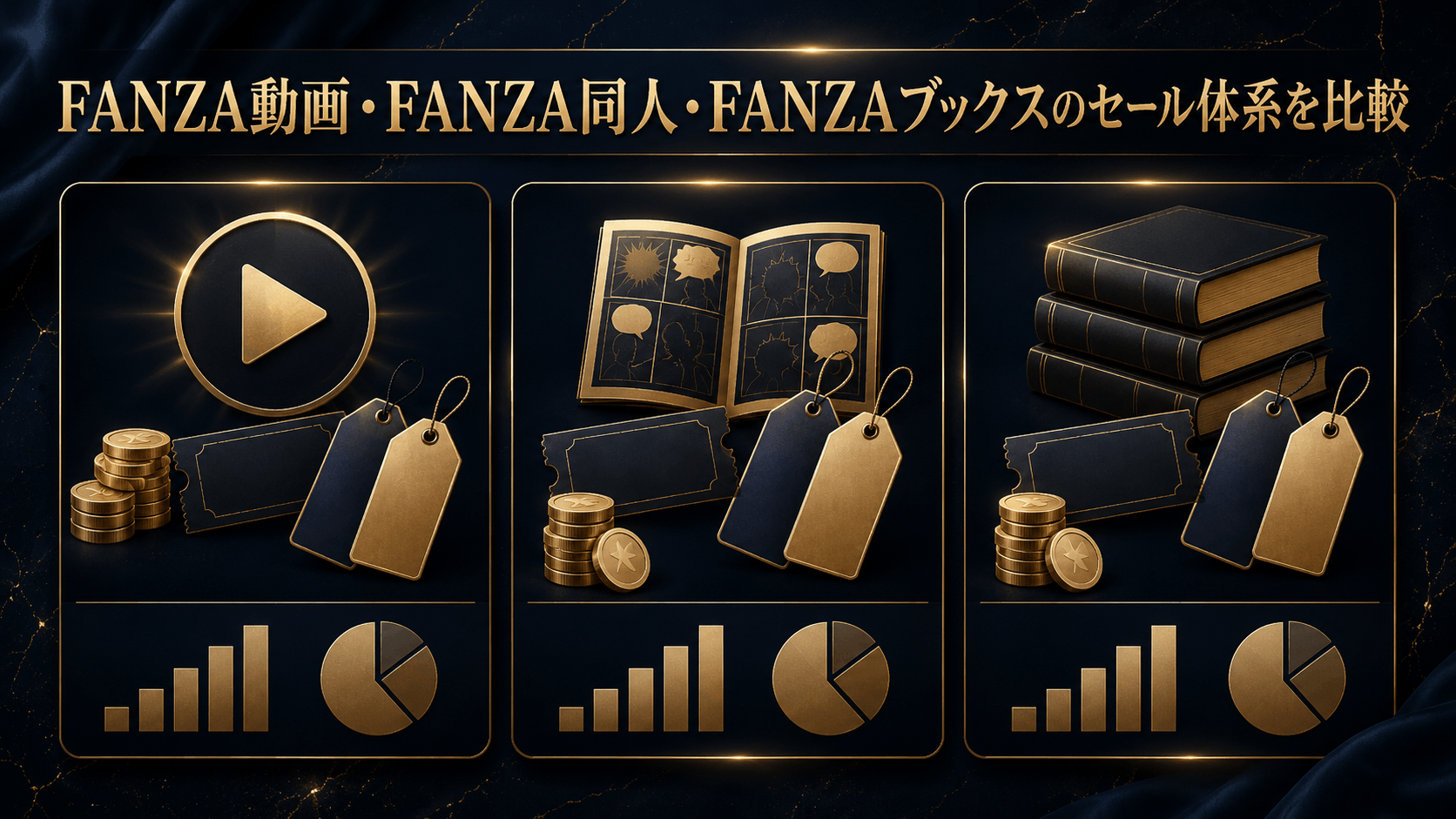 FANZA動画・FANZA同人・FANZAブックスのセール体系を比較したイメージ