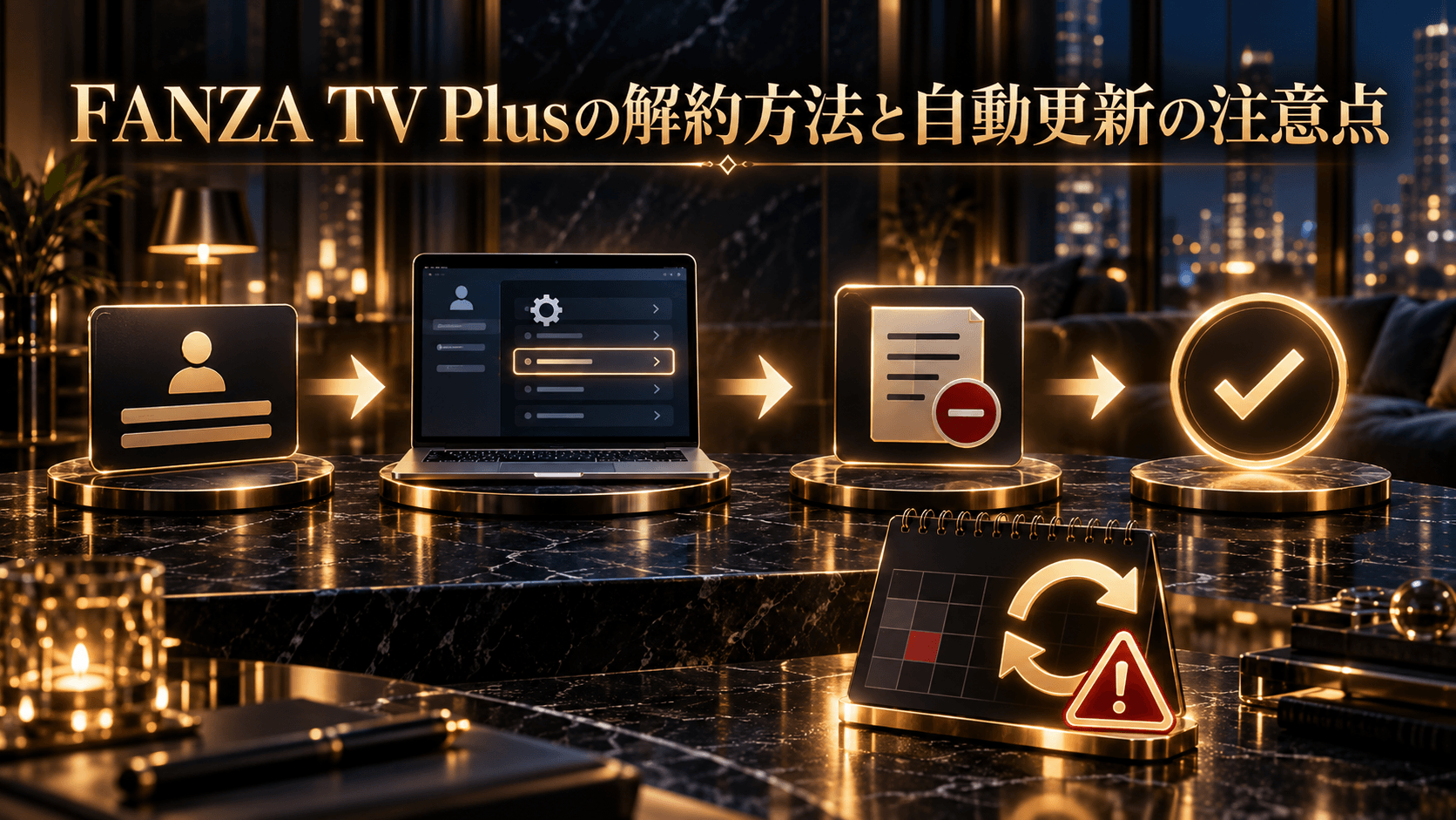 FANZA TV Plusの解約方法と自動更新の注意点を示した画像