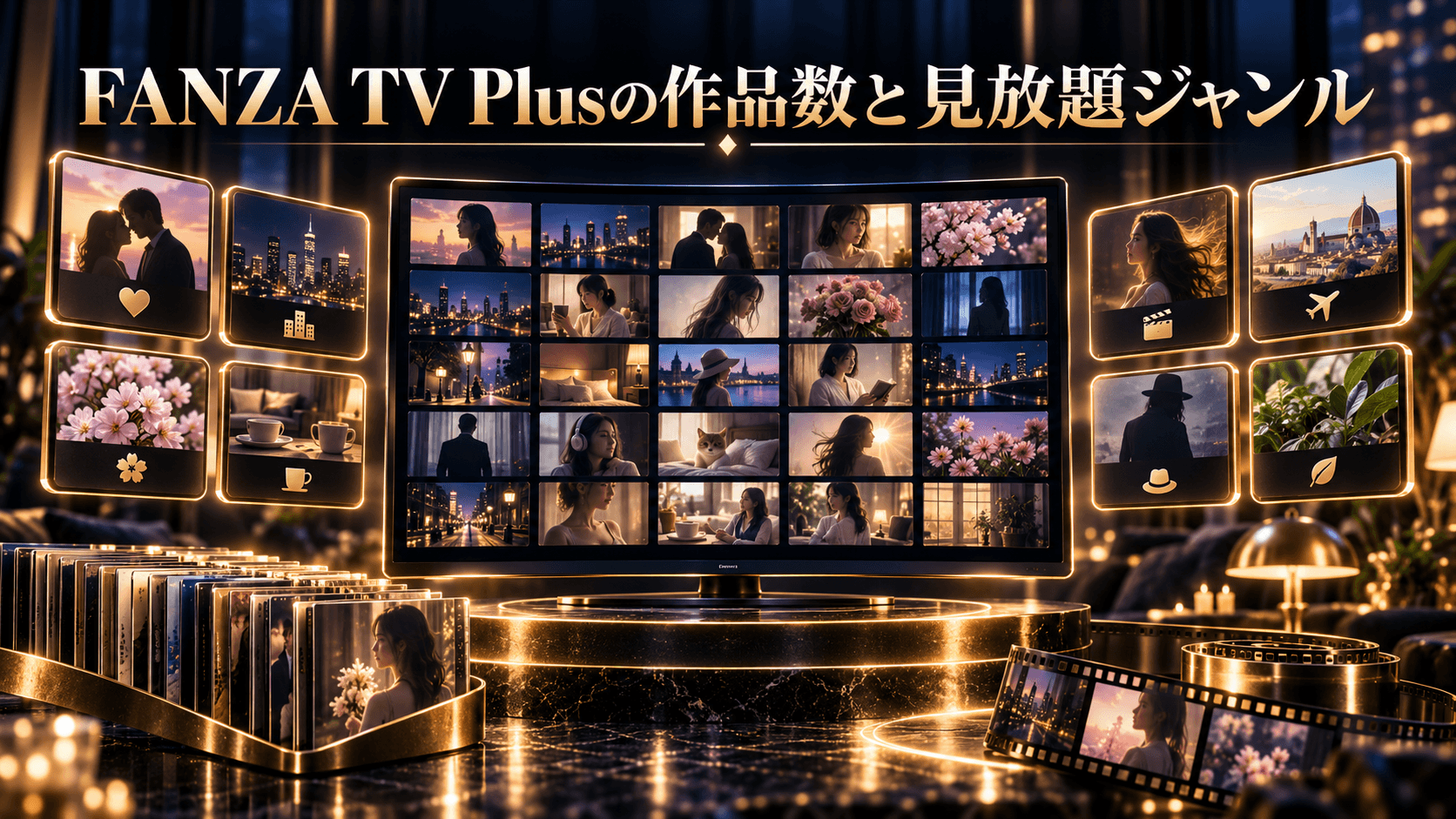 FANZA TV Plusの作品数と見放題ジャンルをイメージした画像