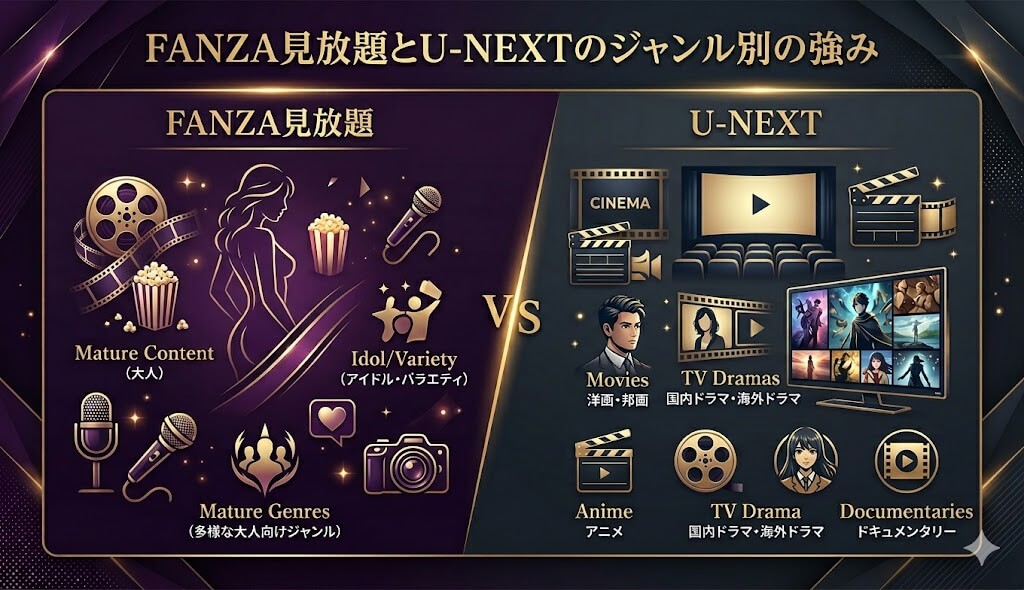 FANZA見放題とU-NEXTのジャンル別の強み