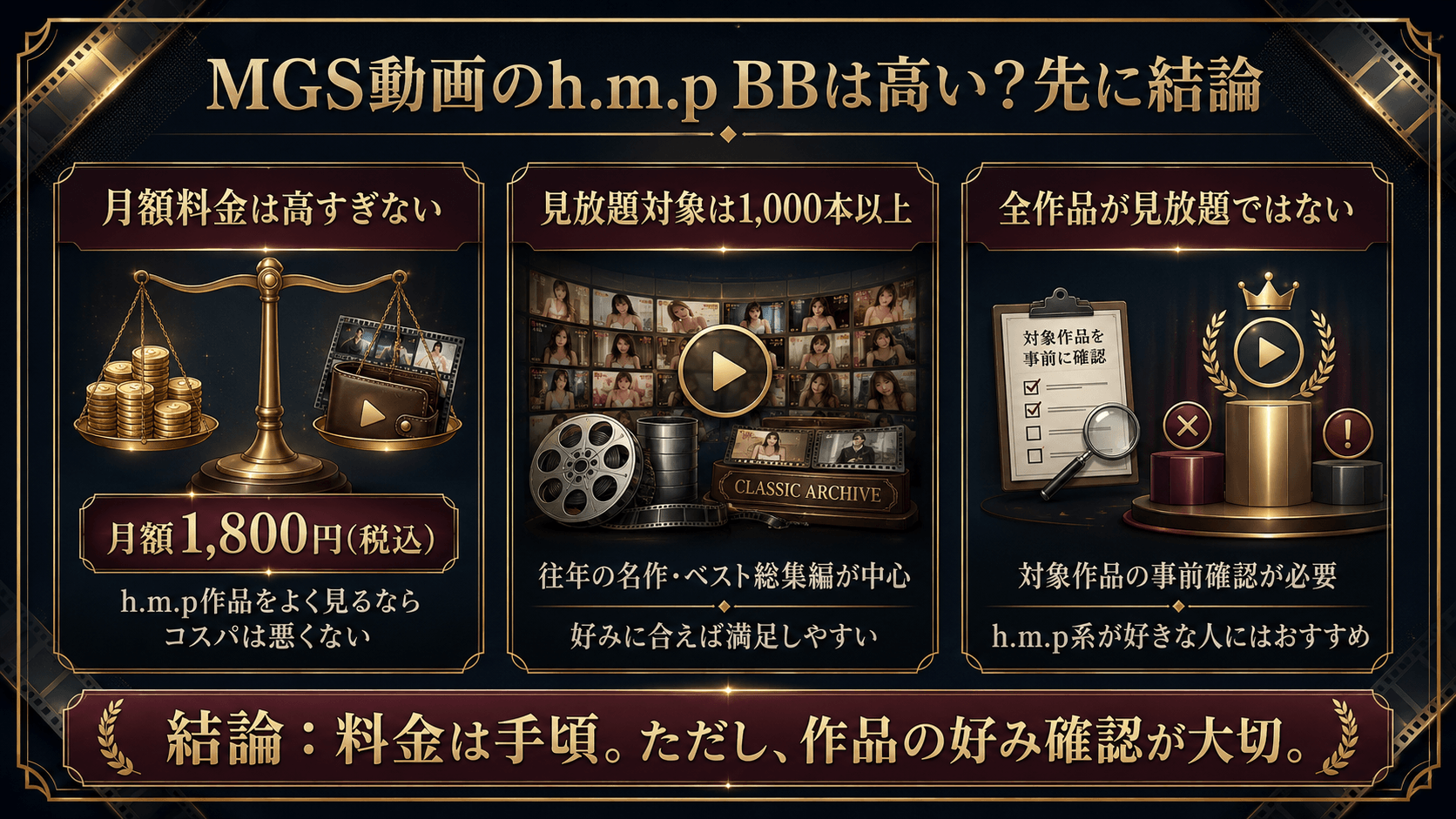 MGS動画のh.m.p BBは高いのかを、月額料金・見放題作品数・注意点から分かりやすく解説した画像