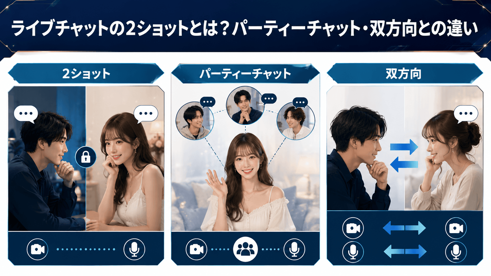 ライブチャットの2ショット・パーティーチャット・双方向の違いを図解