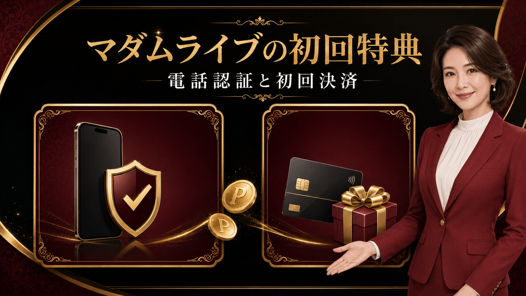 マダムライブの電話認証と初回ポイント購入でもらえる特典を解説した画像