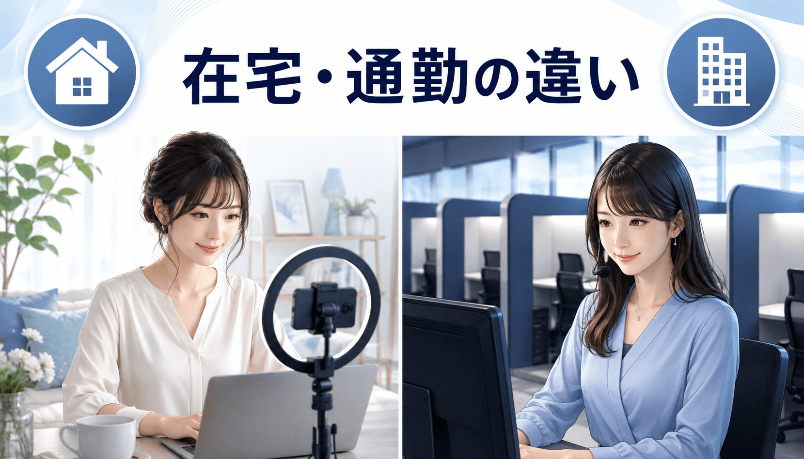 マダムライブで在宅勤務と通勤勤務を比較する女性の画像