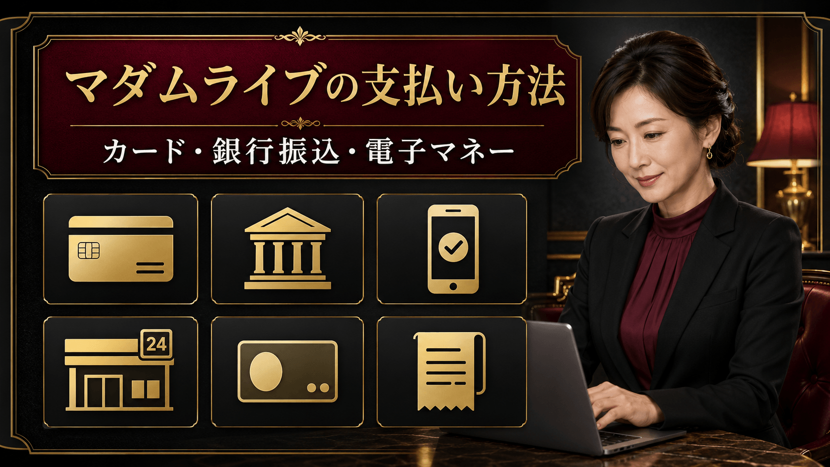 マダムライブで利用できるクレジットカードや銀行振込、電子マネーを示した画像