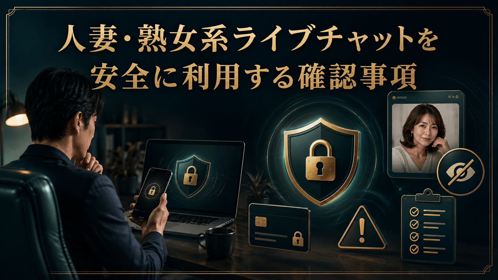 スマートフォンとパソコンで安全性やプライバシーを確認する男性