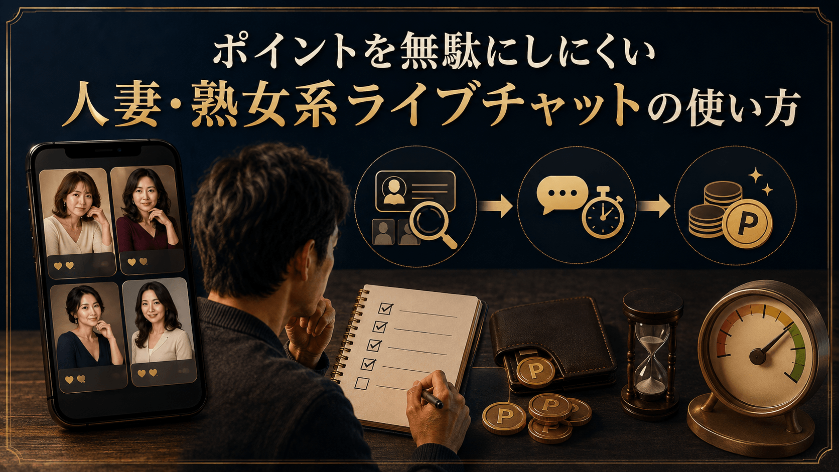 待機映像や利用時間を確認してポイント消費を管理する男性