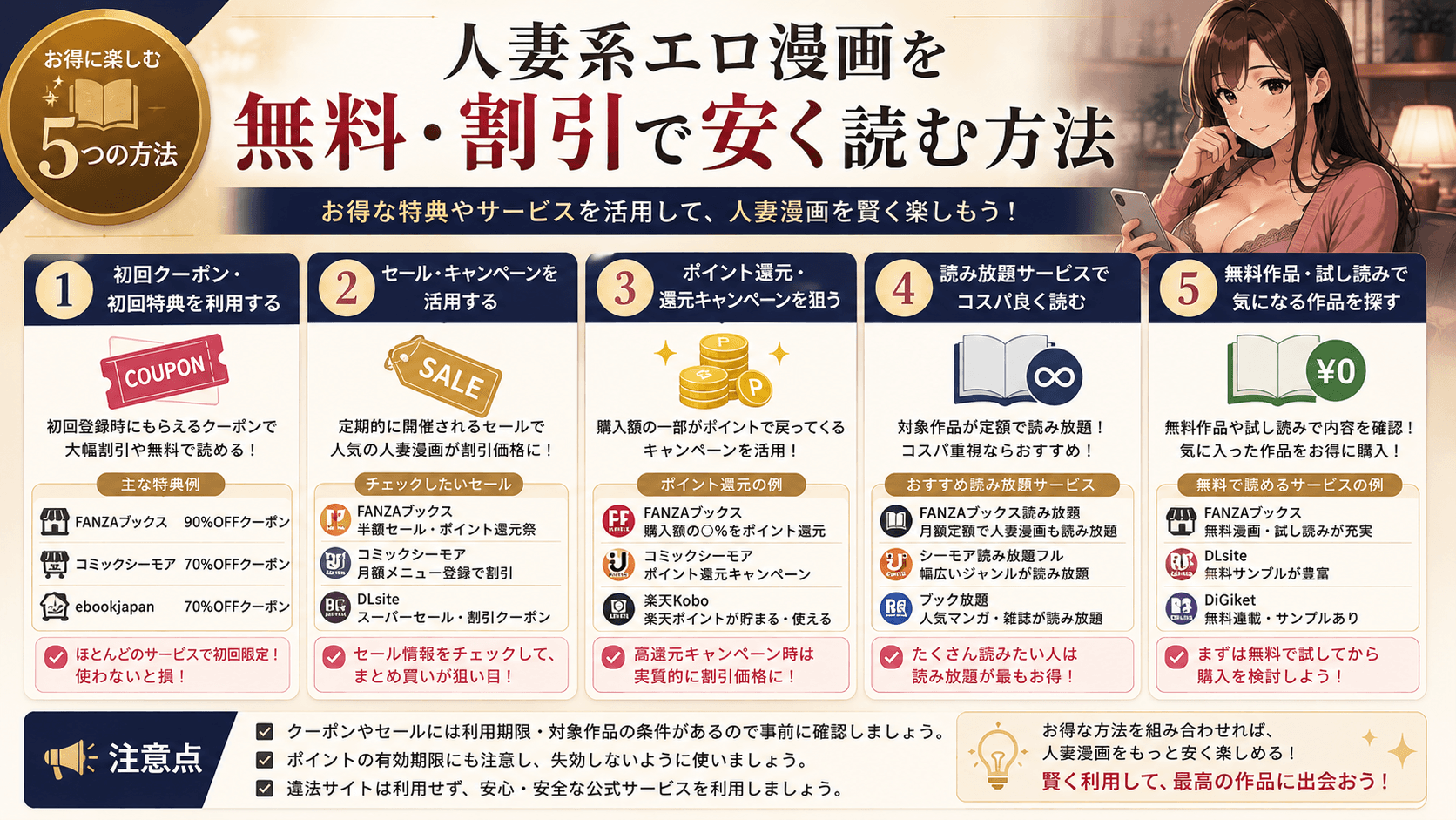 人妻系エロ漫画を試し読みやクーポン・セール・読み放題で安く読む方法を解説した画像
