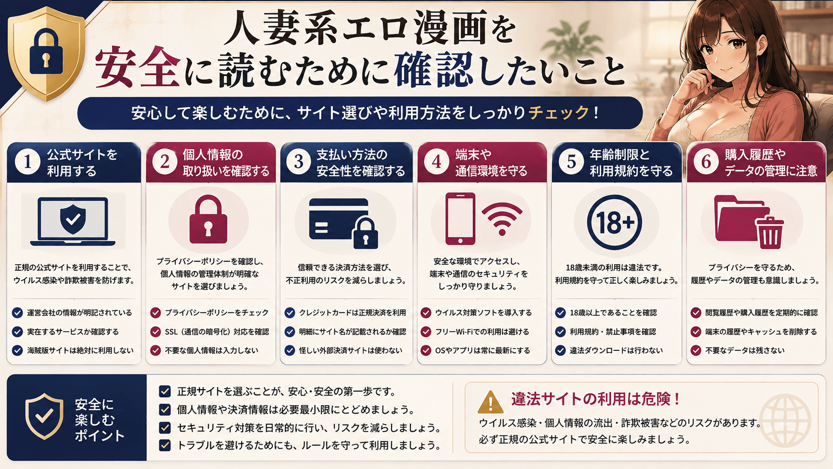 人妻系エロ漫画を正規サービスで安全に読むための確認ポイントをまとめた画像