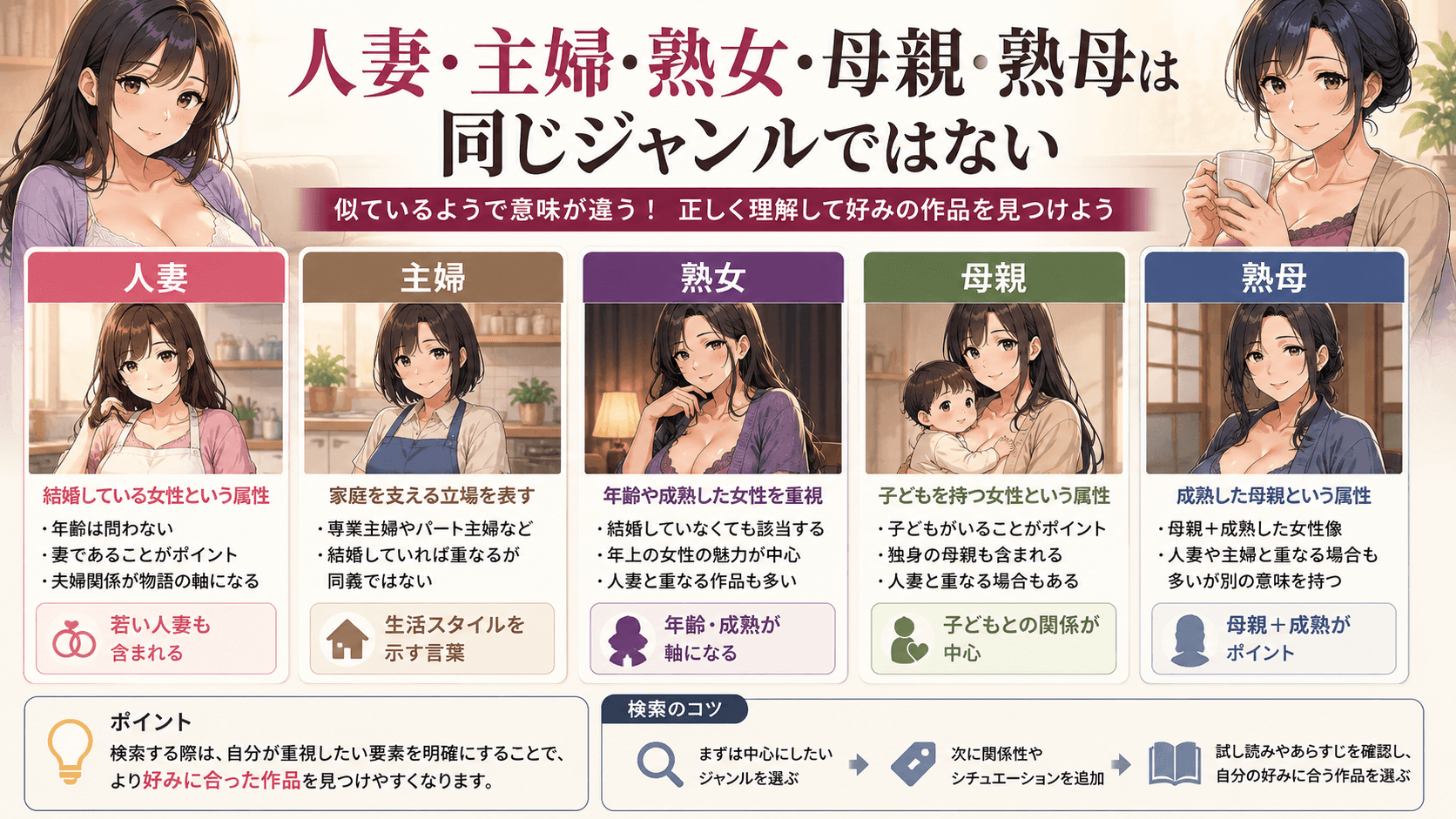 人妻・主婦・熟女・母親・熟母の意味とジャンルの違いを整理した画像