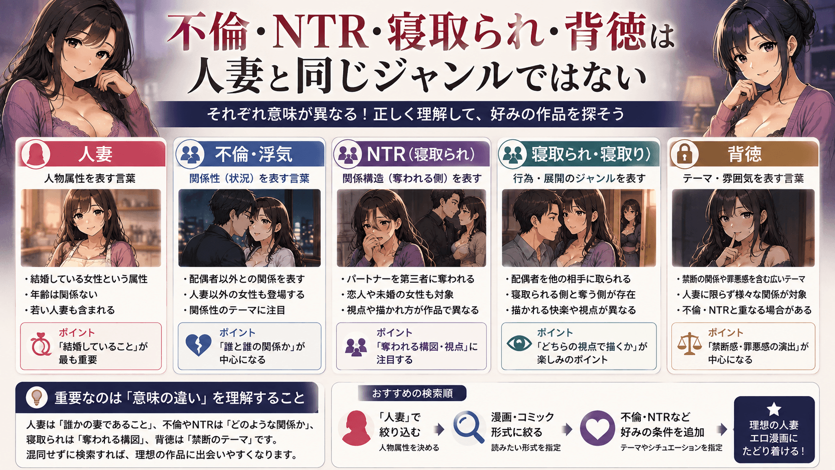 人妻と不倫・NTR・寝取られ・背徳のジャンルや意味の違いを整理した画像