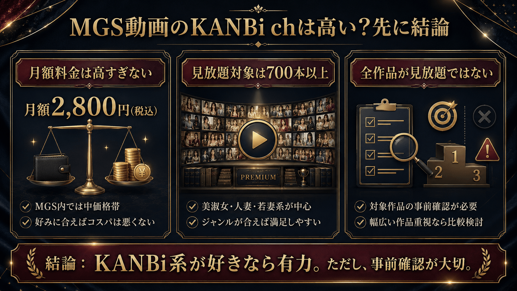 MGS動画のKANBi chは高いのかを、月額料金・見放題作品数・注意点から分かりやすく解説した画像