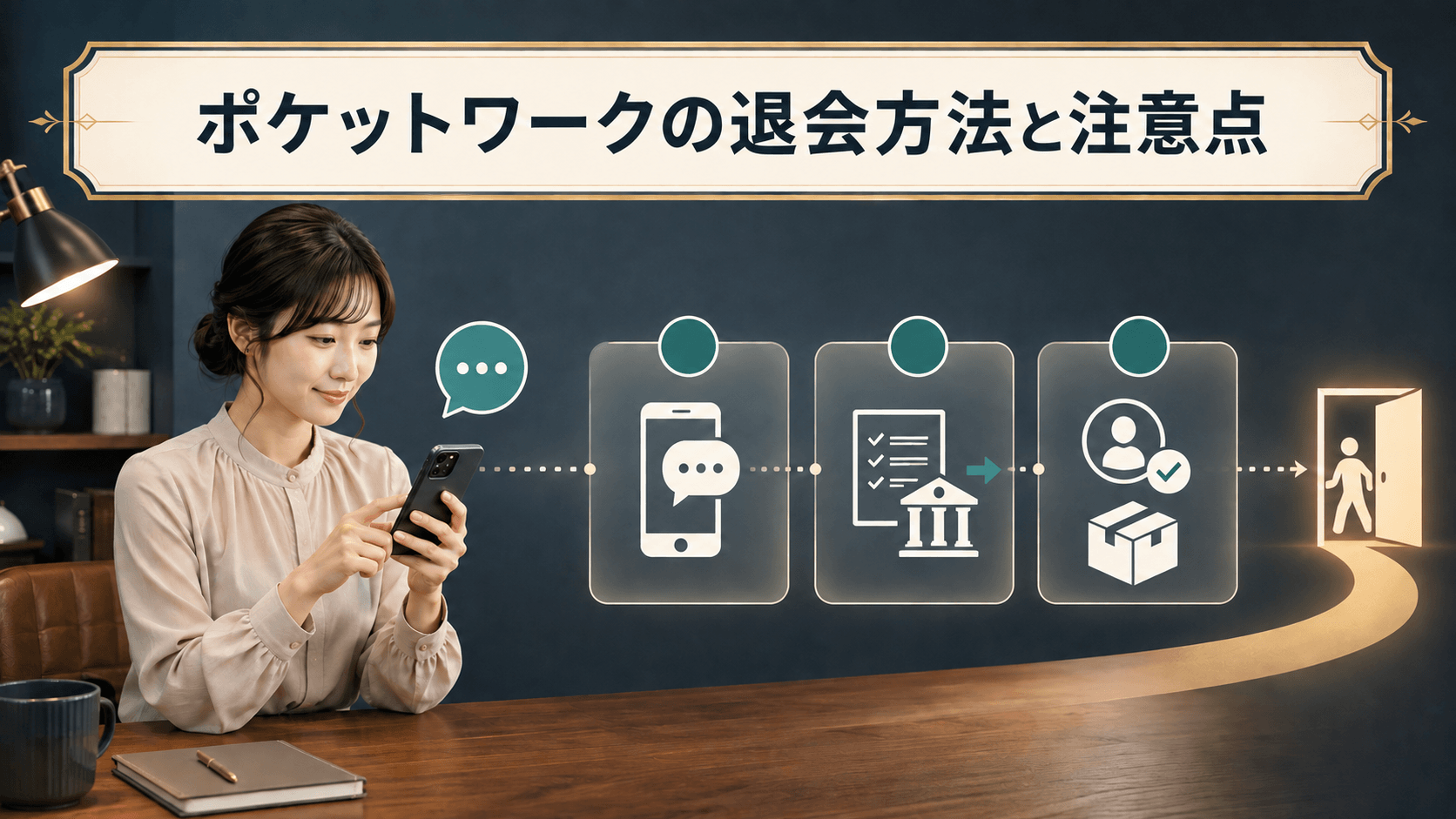 ポケットワークの退会連絡と報酬残高、登録状況を確認するイメージ