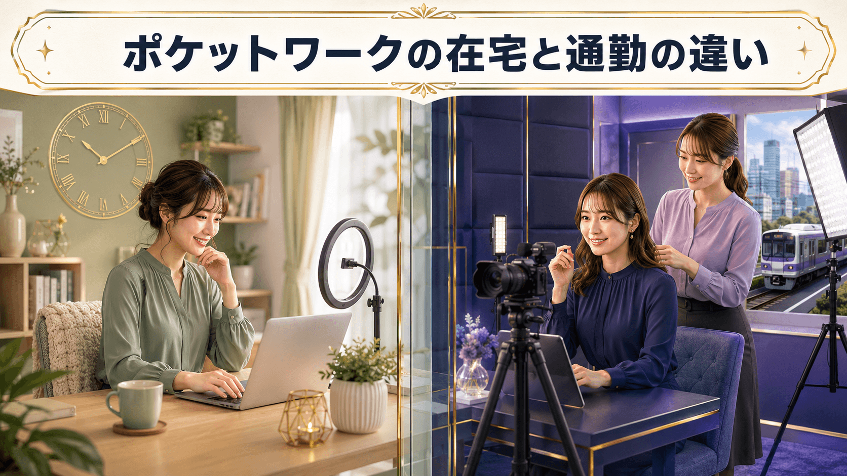 ポケットワークの在宅勤務と通勤勤務の違いを比較した図解