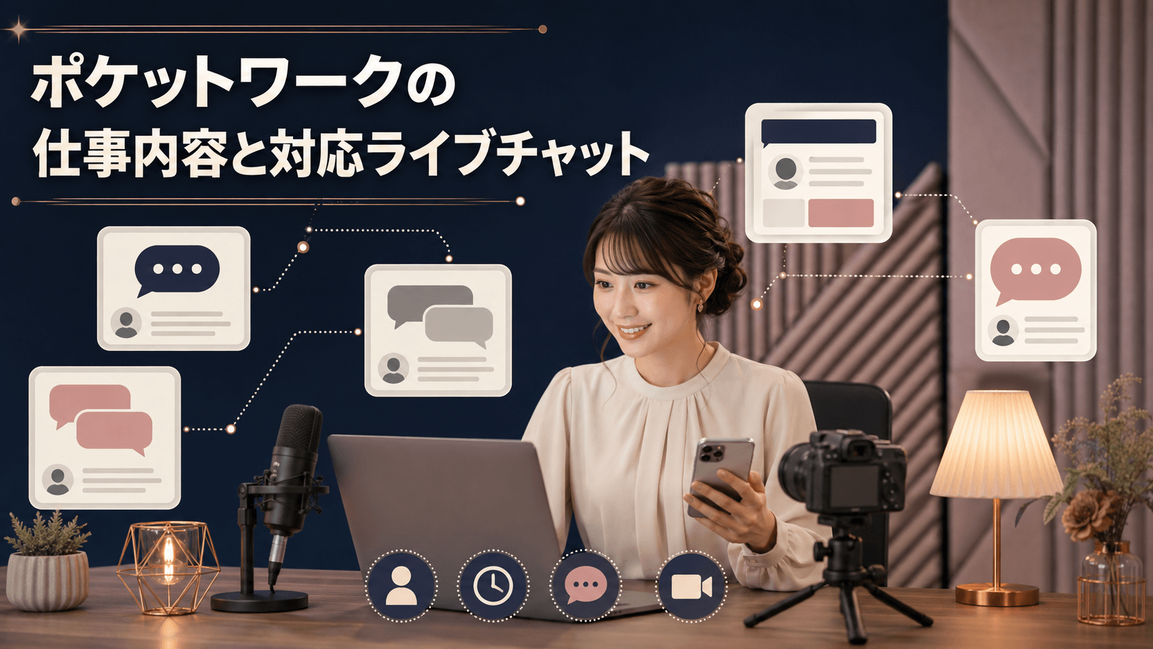 ポケットワークの仕事内容と対応するライブチャットを示すイメージ
