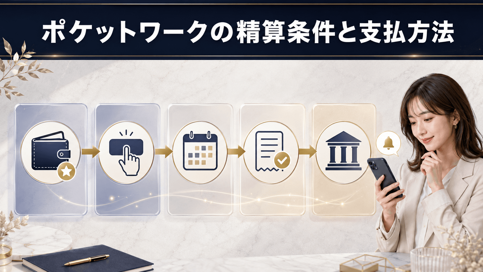 ポケットワークの精算条件と報酬の支払方法を示すフロー
