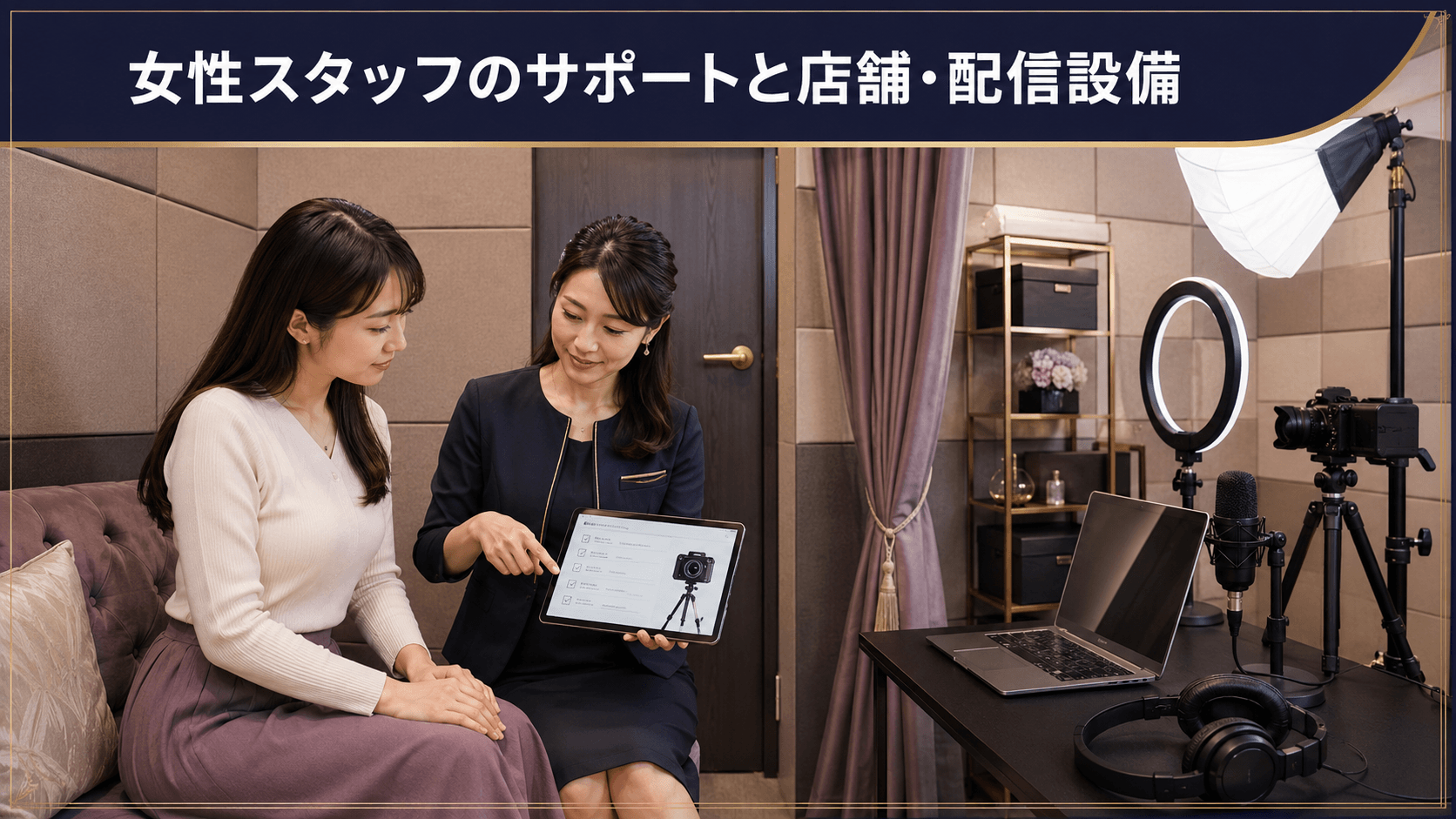 女性スタッフのサポートと通勤店舗の個室・配信設備