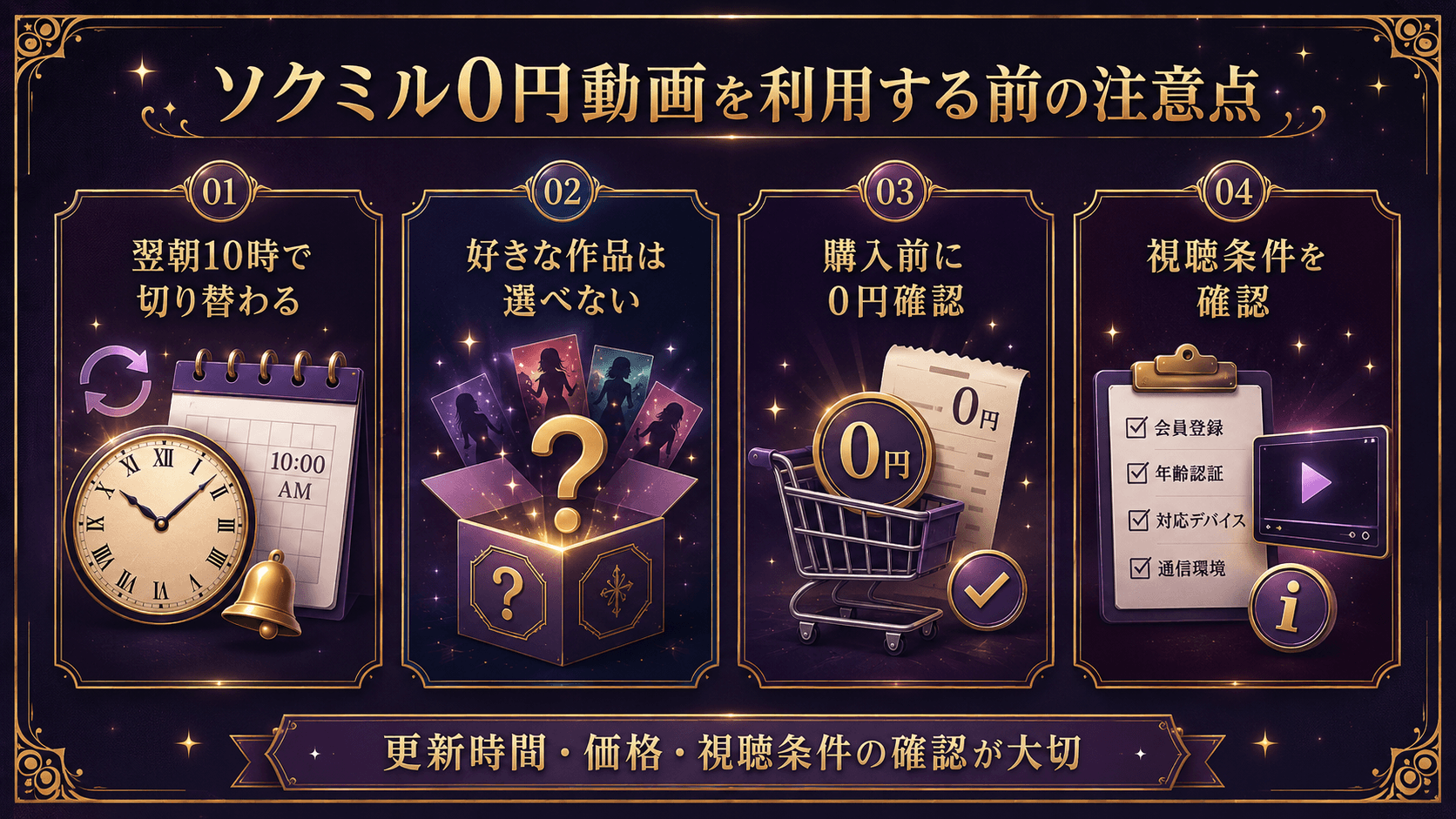 ソクミル0円動画の更新時間、0円表示、作品選択、視聴条件に関する注意点を示す画像