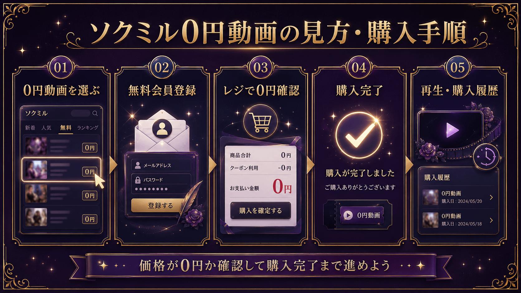 ソクミル0円動画を選び、無料会員登録から0円購入、再生まで進める手順を示す画像
