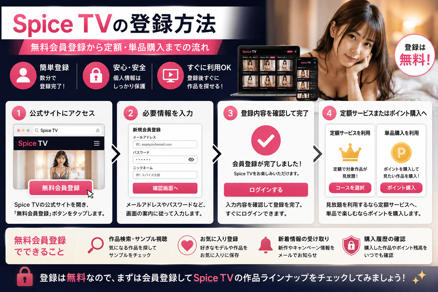Spice TVの無料会員登録から定額・単品購入までの登録方法
