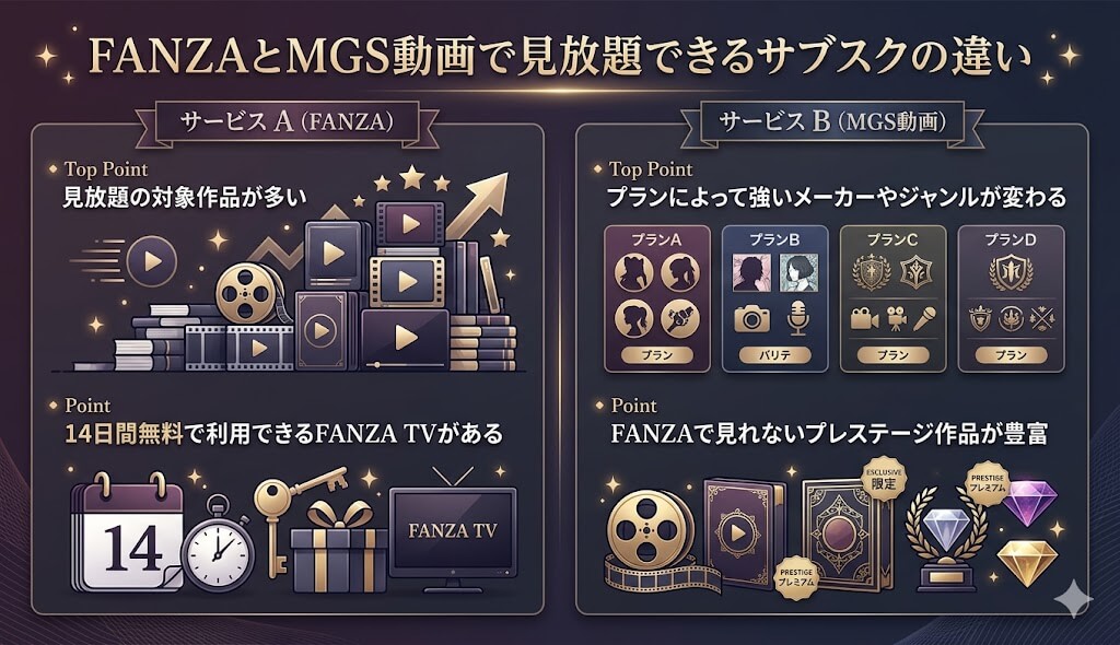 FANZAとMGS動画で見放題できるサブスクの違い