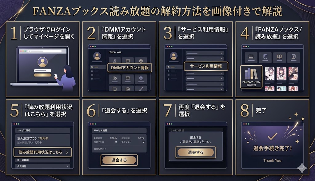 FANZAブックス読み放題の解約方法を画像付きで解説