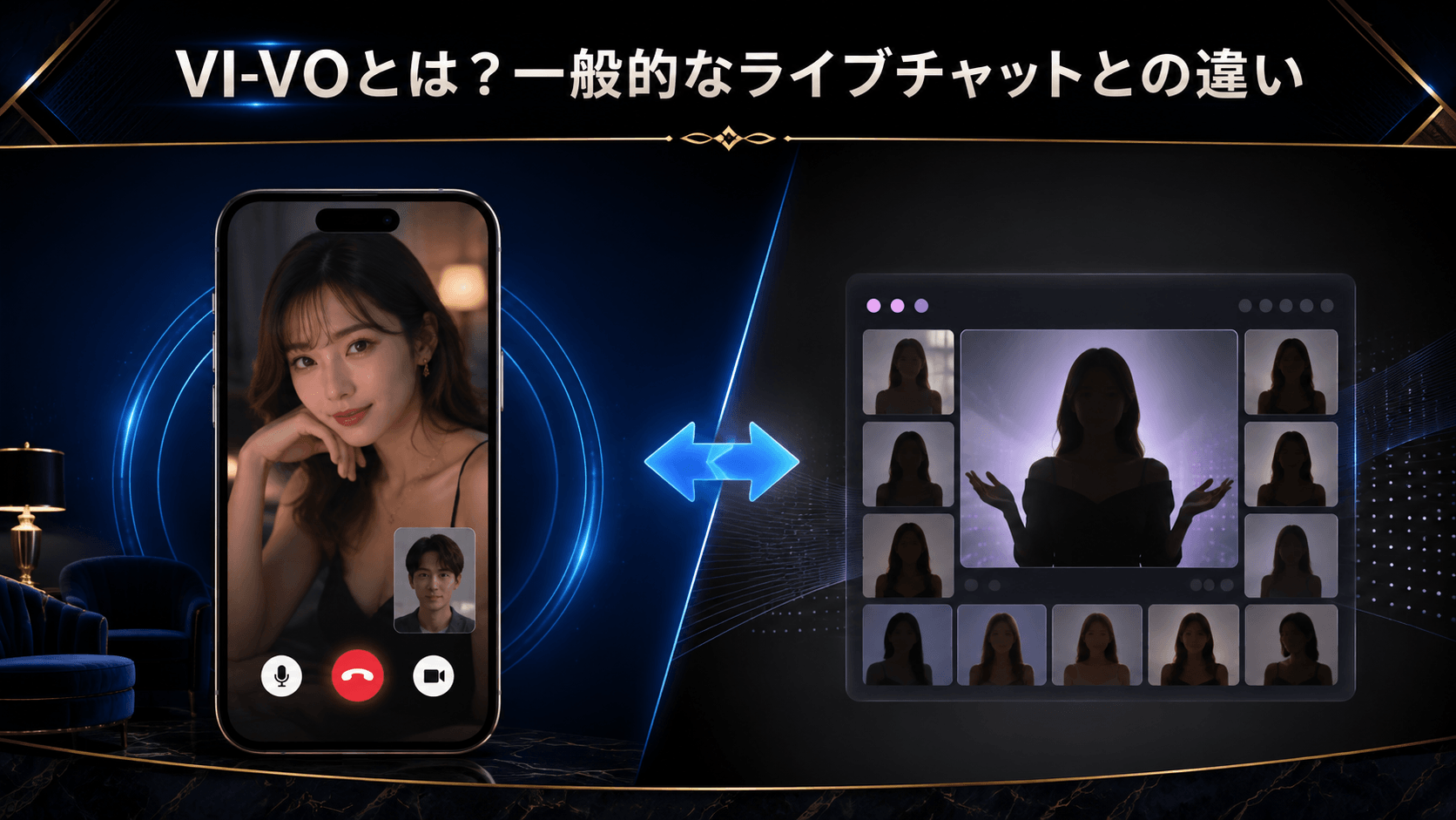 VI-VOと一般的なライブチャットの違いをスマホ通話とチャット画面で比較したイメージ